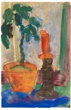 Friedrich Einhoff, Stillleben mit Topfpflanze und roter Kerze, 1925, Gouache