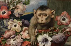 Gabriel von Max, Geburtstagsblumen (Affe mit Anemonen), 1890, Oil on panel