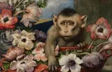 Gabriel von Max, Geburtstagsblumen (Affe mit Anemonen), 1890, Oil on panel