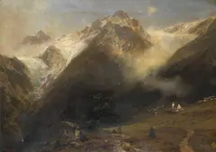 Otto Kameke, Berglandschaft mit kleinem Ort und zwei Gletschern, 1880, Oil on canvas