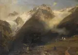 Otto Kameke, Berglandschaft mit kleinem Ort und zwei Gletschern, 1880, Oil on canvas