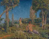 Ker-Xavier Roussel, Artemis mit Hund und zwei Gefährtinnen an einer Quelle, 1925, Oil on canvas