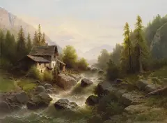 Landschaft mit Wassermühle im Berner Oberland by Albert Rieger, Oil on canvas, sold Nov 2013