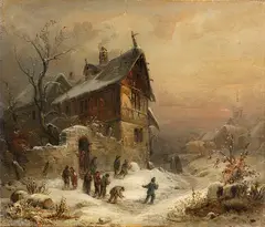 Joseph Minjon, Winterlandschaft mit Figurenstaffage, 1863, Oil on canvas