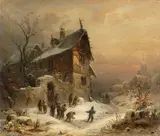 Joseph Minjon, Winterlandschaft mit Figurenstaffage, 1863, Oil on canvas