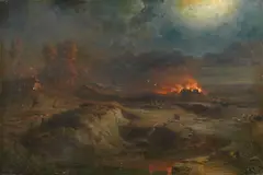 Fritz Bamberger, Nächtliche Szene mit brennendem Gehöft, 1866, Oil on canvas