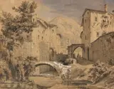 Georg Heinrich Busse, Wäscherinnen an einem Fluss in Gubbio im Apennin, 1837, Charcoal drawing