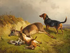 Ludwig Voltz, Erlegtes Wild und Jagdhund, Oil on canvas