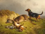 Ludwig Voltz, Erlegtes Wild und Jagdhund, Oil on canvas