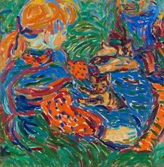 Ernst Ludwig Kirchner, Zwei mit Katzen spielende Mädchen. 1907. Frauen- und Männerkopf, 1924, Oil on canvas
