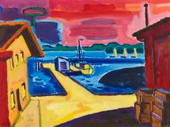 Karl Schmidt-Rottluff, Anlegeplatz am Fluss (Maasholm an der Schlei), 1956, Oil on canvas