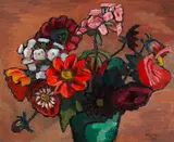 Gabriele Münter, Rotes Blumenbild, 1938, Oil on cardboard
