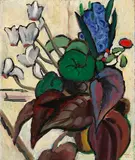 Gabriele Münter, Blumen auf Weiß (Zyklamen und Hyazinthe), 1934, Oil on cardboard