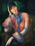 Albert Birkle, Damenbildnis - Elisabeth Starosta mit Chiffon-Bluse und Hut, 1923, Oil on canvas