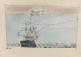 Ship, blue sea, pink sky by Lyonel Feininger, 1946, Watercolour, sold Jun 2013