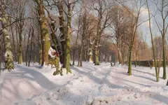Peder (Peder Mørk Mønsted) Mönsted, Verschneiter Waldweg bei Sonnenlicht, 1908, Oil on canvas