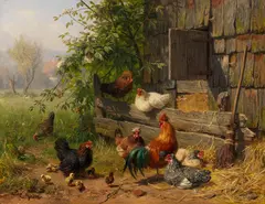 Carl Jutz, Hühnerhof, Oil on panel