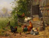 Carl Jutz, Hühnerhof, Oil on panel
