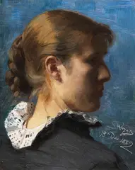 Peter Severin (Krøyer) Kröyer, Porträt einer jungen Frau im Profil, wohl die Malerin Anna Ancher, 1882, Oil on panel