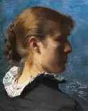 Peter Severin (Krøyer) Kröyer, Porträt einer jungen Frau im Profil, wohl die Malerin Anna Ancher, 1882, Oil on panel