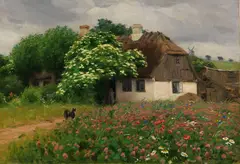 H. A. Brendekilde, Bauernhaus mit Blumenwiese, 1909, Oil on canvas