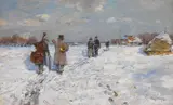 Hugo Mühlig, Winterlandschaft mit heimkehrenden Musikanten