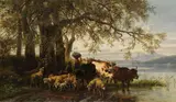 Christian Mali, Bäuerin und Hirtenjunge mit Rinder- und Schafherde am Seeufer, 1878, Oil on canvas