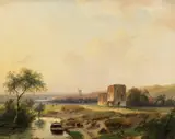 Andreas Schelfhout, Flusslandschaft bei Haarlem mit Windmühle und der Ruine Brederode