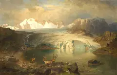 August Wilhelm Leu, Fjordlandschaft mit Gletscher und Rentieren, 1896, Oil on canvas