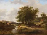 Jan Evert Morel, Hügelige Landschaft mit Bachlauf und Personenstaffage, Oil on canvas