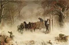 Hermann Kauffmann, Holzfuhrwerk bei heftigem Schneetreiben, 1850, Oil on canvas