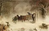 Hermann Kauffmann, Holzfuhrwerk bei heftigem Schneetreiben, 1850, Oil on canvas