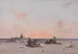 Henri Duvieux, Sonnenuntergang in der Wüste über einem Beduinenlager, Oil on paper