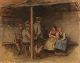 Franz Defregger, Ölstudie mit vier Burschen und zwei Dirndln in der Stube