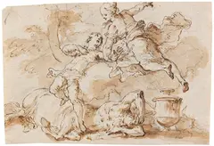 Gaspare Diziani, Zugeschrieben - Szene mit gefallenem Kentaur und Liebespaar, 1750, Pen and ink drawing
