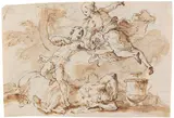 Gaspare Diziani, Zugeschrieben - Szene mit gefallenem Kentaur und Liebespaar, 1750, Pen and ink drawing