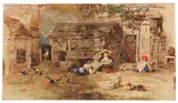 Émile Lessore, Bauernkinder in Barbizon, 1845, Watercolor