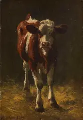 Richard Voltz, Kälbchen im Stall, 1900, Oil on canvas