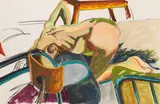 Norbert Tadeusz, Weiblicher Akt beim Turnen, 1980, Gouache