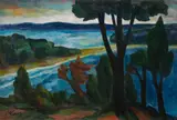 Max Kaus, Bäume am Seeufer, 1925, Oil on cardboard