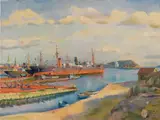 Conrad Felixmüller, Kristiansand, Werft, Hafen, Stadt, 1938, Oil on canvas