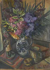 Emil Maetzel, Blumenstillleben mit afrikanischer Figur, 1920, Oil on cardboard