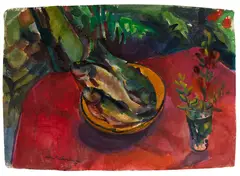 Bruno Müller-Linow, Forellen auf rotem Tischtuch im Garten, 1992, Watercolor