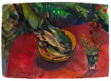 Bruno Müller-Linow, Forellen auf rotem Tischtuch im Garten, 1992, Watercolor