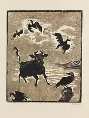 Otto Pankok, Kuh und Krähen, 1958, Woodcut in colors