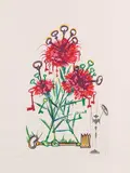 3 Bätter: Hemerocallis thumbergii elephanter furiosa. Narcissus telephonans inondis. Dianthus carophilius cum clavinibus multibibis by Salvador Dalí, 1972, Drypoint, sold Apr 2013