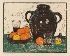 Wilhelm Laage, Der dunkle Krug, 1917, Woodcut in colors