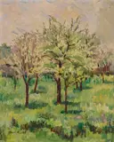 Albert Mueller, Blühende Bäume, 1910, Oil on cardboard