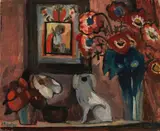 Stillleben mit Hinterglasbild und Keramikhund by Gabriele Münter, 1933, Oil on canvas, sold Dec 2012