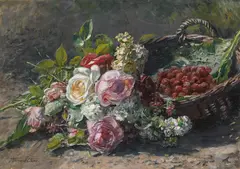 Anna Peters, Blumenstillleben mit Rosen und einem Weidenkorb mit Himbeeren, 1880, Oil on canvas